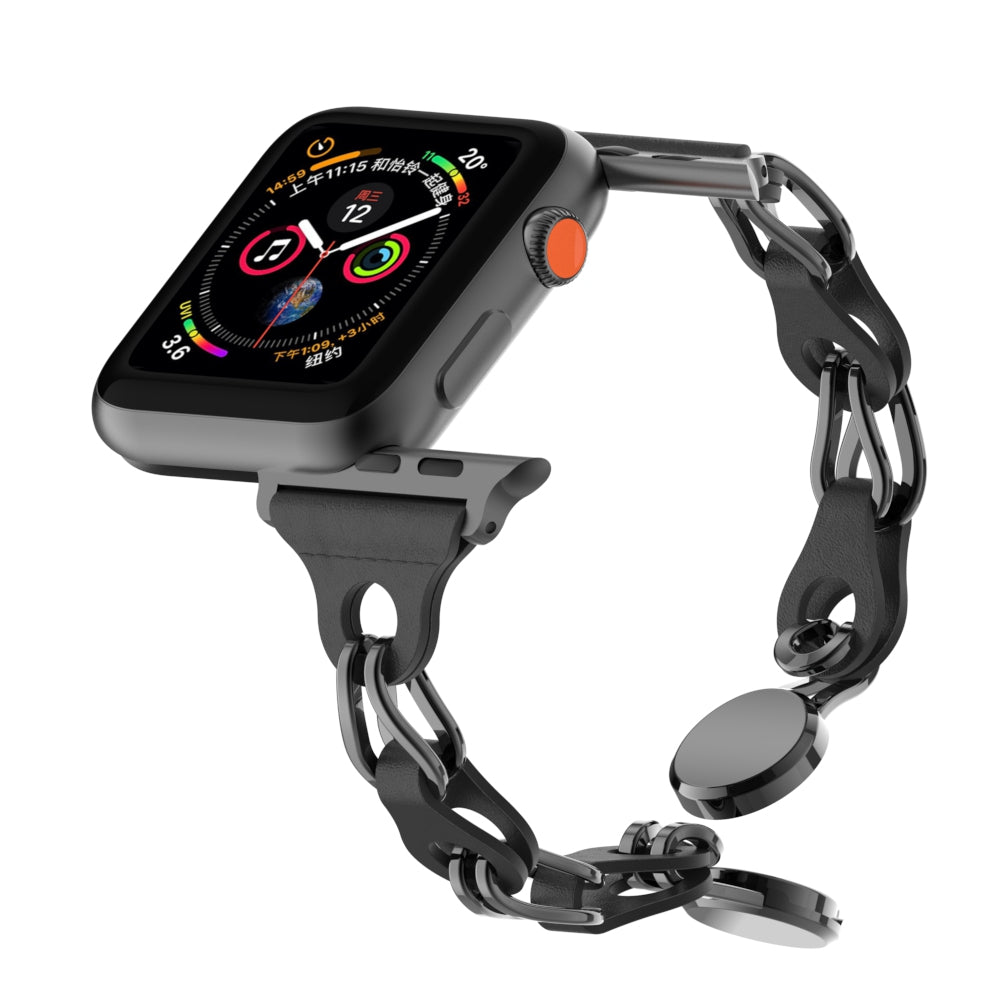 Uniqkart for Apple Watch Ultra 49mm / Series 8 7 45mm / 6 5 4 SE (2022) SE 44mm / 3 2 1 42mm Leather+Stainless Steel Chain Magnetic Buckle Watch Strap - Black Uniqkart for Apple Watch Ultra 49mm / Series 8 7 45mm / 6 5 4 SE (2022) SE 44mm / 3 2 1 42mm Leather+Stainless Steel Chain Magnetic Buckle Watch Strap - Black